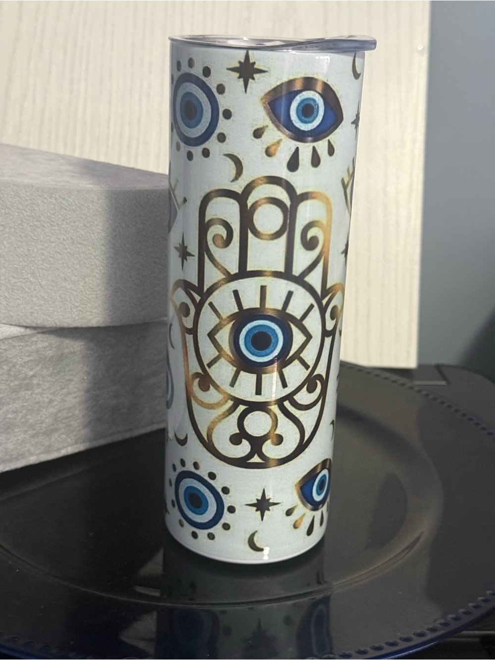White Candle Holder Tumbler with Blue Eye and Gold Hamsa Motif